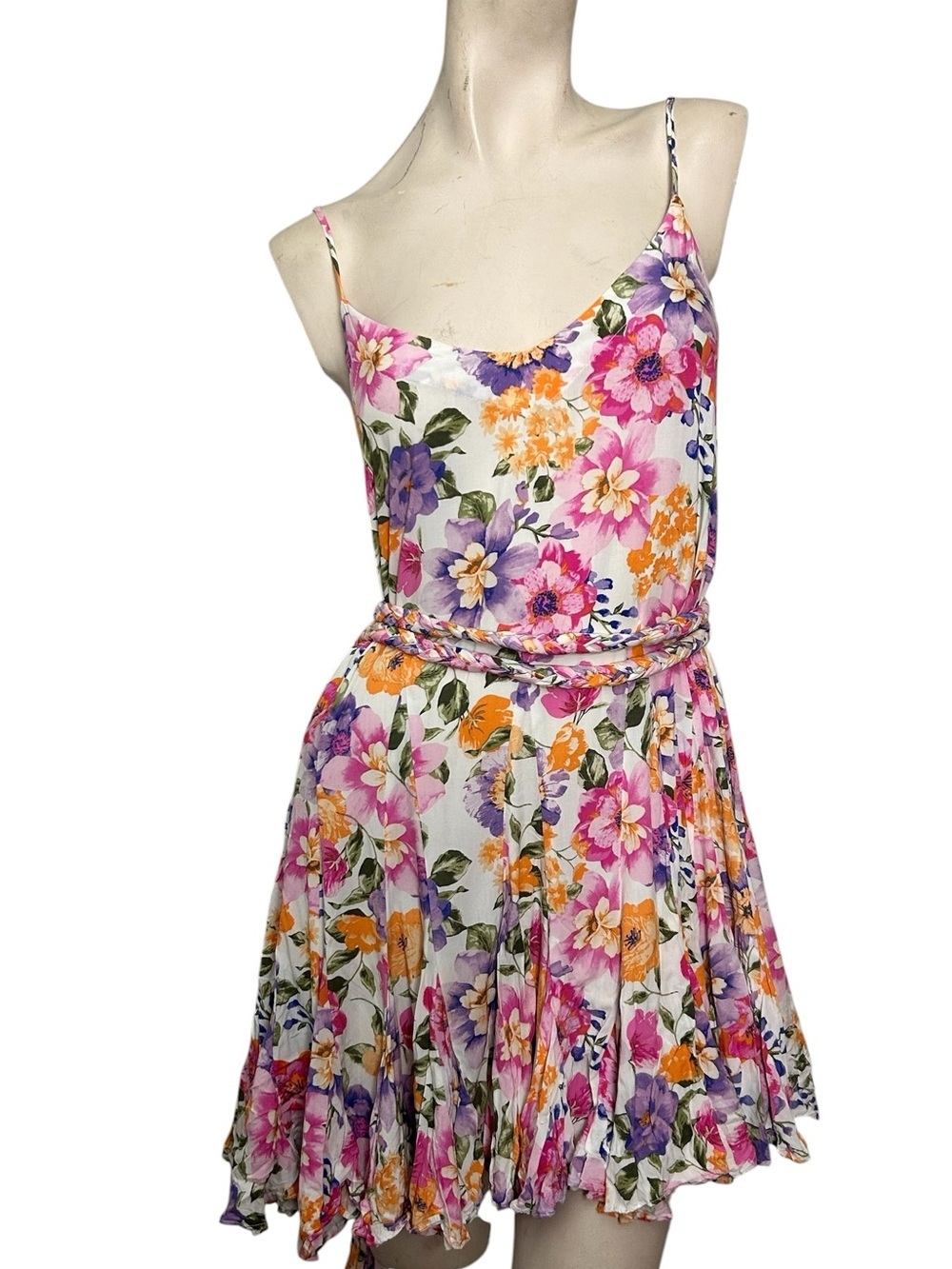 STORIA Floral Mini Dress Small Braided Belt Boho Cottagecore Sundress - Picture 12 of 12